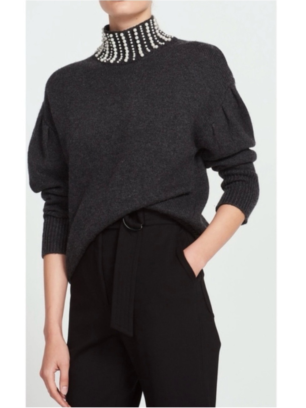 Sandro Faux Pearl Embellished Wool Mock Neck Sweater Grey Sz Medium